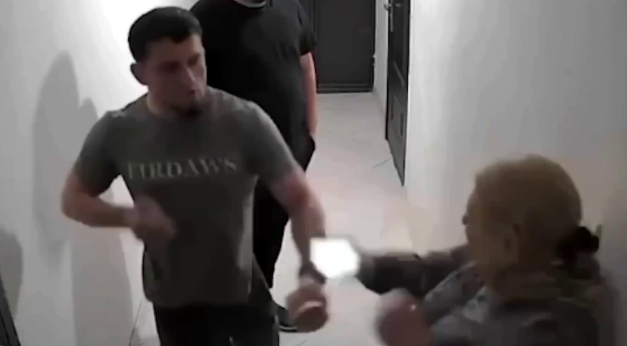 An Akhmat fighter beats a woman. Still from Sapa Kavkaz, May 16, 2026, https://t.me/sapakavkaz/7165. An Akhmat fighter beats a woman. Still from Sapa Kavkaz, May 16, 2026, https://t.me/sapakavkaz/7165.