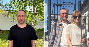 Nikita Moiseyev and Yevgeny Razumov (with his wife) after their release from prison. Photo and collage from a website covering the persecution of Jehovah's Witnesses in Russia (396 Russian Jehovah's Witness organizations have been designated as extremist, and their activities in Russia are banned by court order).