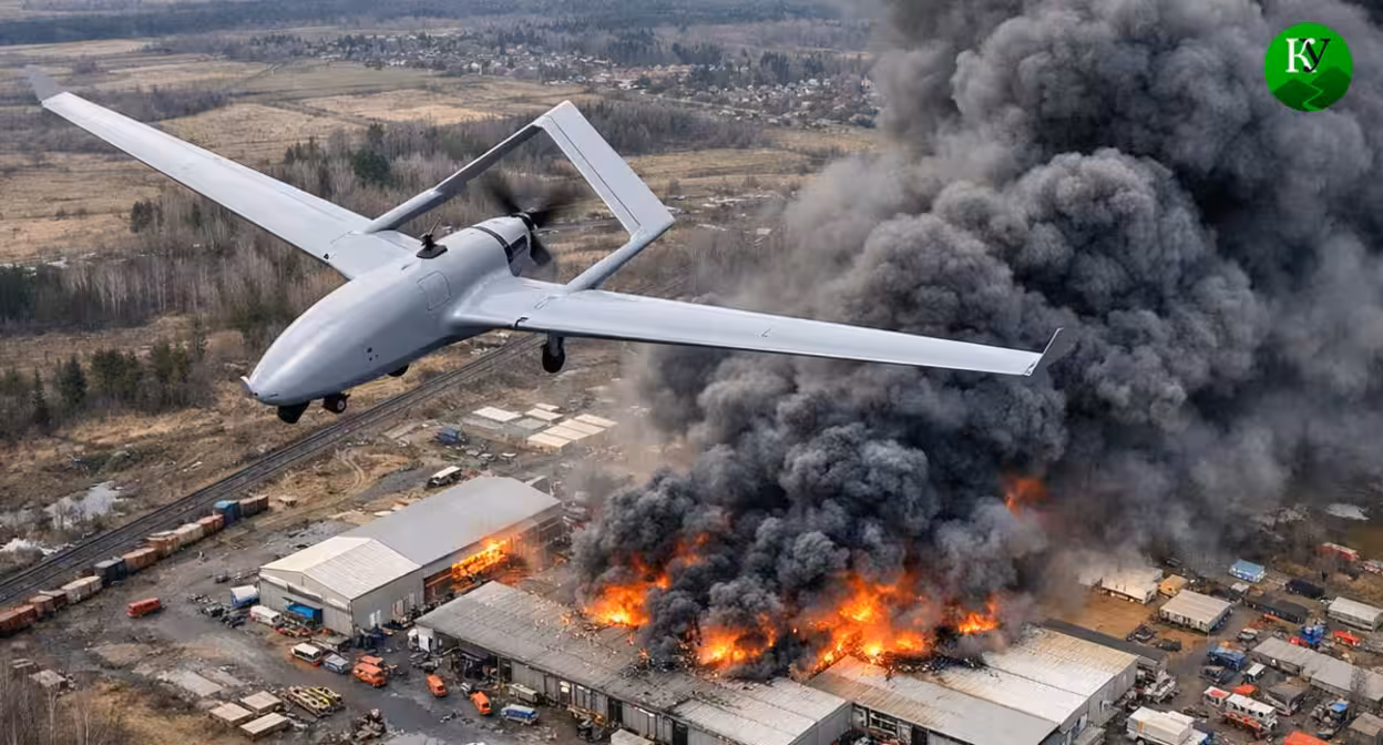 A drone and damage to a commercial facility. Illustration created by Caucasian Knot using AI in the Copilot program.