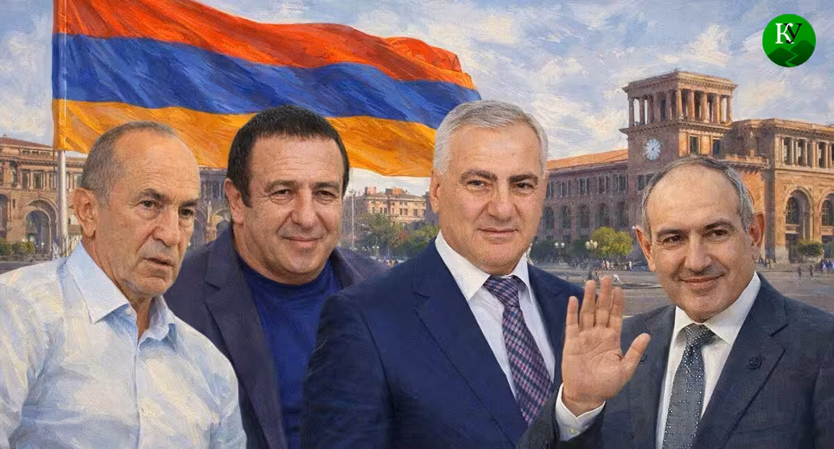 Robert Kocharyan, Gagik Tsarukyan, Samvel Karapetyan, and Nikol Pashinyan (left to right). Illustration created by Caucasian Knot using AI in the Copilot program. Robert Kocharyan, Gagik Tsarukyan, Samvel Karapetyan, and Nikol Pashinyan (left to right). Illustration created by Caucasian Knot using AI in the Copilot program.