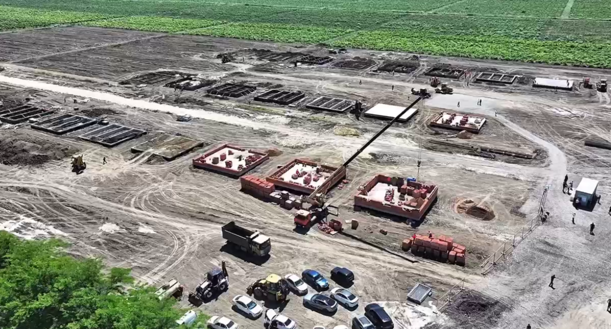 Construction site in Mamedkale. Still from a video from Fyodor Shchukin's Telegram channel, June 13, 2026, https://t.me/Glava_RD/183.