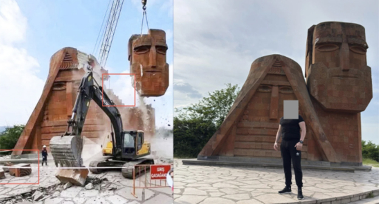A photograph used by users to claim that Azerbaijani forces are using construction equipment to destroy the "We Are Our Mountains" monument. Photo: https://civilnet.am/hy/news/1012657 A photograph used by users to claim that Azerbaijani forces are using construction equipment to destroy the "We Are Our Mountains" monument. Photo: https://civilnet.am/hy/news/1012657