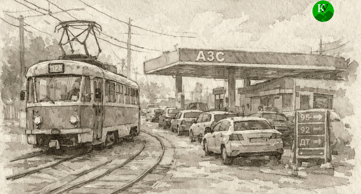 Tram against the backdrop of a gas station. Illustration created by "Caucasian Knot" using AI in the Copilot program. Tram against the backdrop of a gas station. Illustration created by "Caucasian Knot" using AI in the Copilot program.