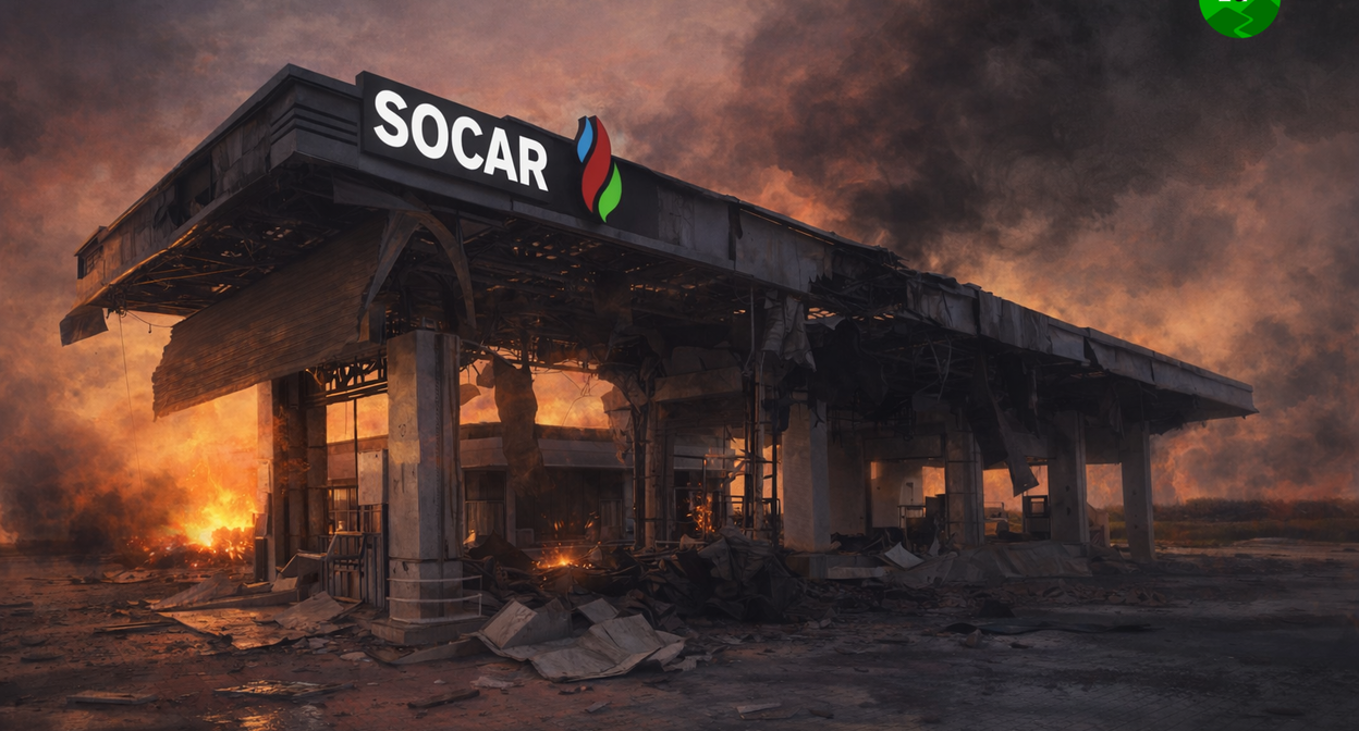 Burning gas station. The illustration was created by the "Caucasian Knot" using AI in the Copilot program. Burning gas station. The illustration was created by the "Caucasian Knot" using AI in the Copilot program.