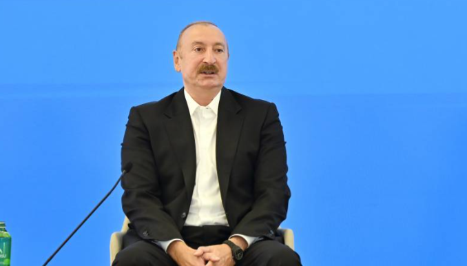 Aliyev at the media forum in Shusha. Screenshot from photo dated 13.07.26, https://president.az/az/articles/view/72945 Aliyev at the media forum in Shusha. Screenshot from photo dated 13.07.26, https://president.az/az/articles/view/72945