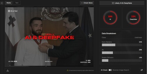 Frame studying the authenticity of the photo of Saakashvili awarding Chigladze. Photo: "Myth Detector" /https://mythdetector.com/ka/giorgi-tchighladzis-da-mikheil-saakashvilis/