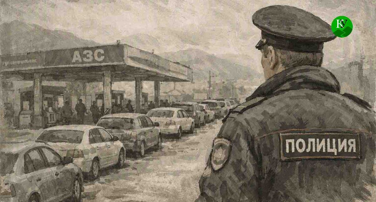 A police officer and a queue at a gas station. Illustration created by "Caucasian Knot" using AI in the Copilot program. A police officer and a queue at a gas station. Illustration created by "Caucasian Knot" using AI in the Copilot program.