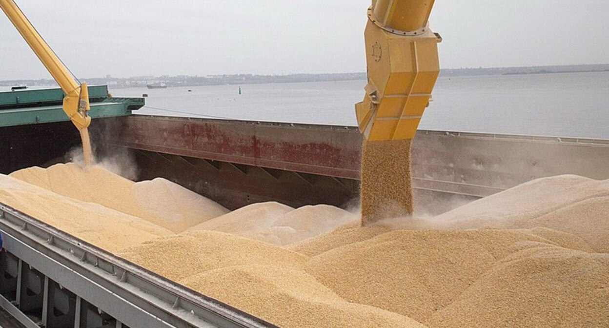 Loading grain onto a ship. Screenshot from photo by RIA "Dagestan" https://riadagestan.ru/news/economy/rosselkhoznadzor_dagestana_prokontroliroval_eksportiruemoe_v_iran_zerno