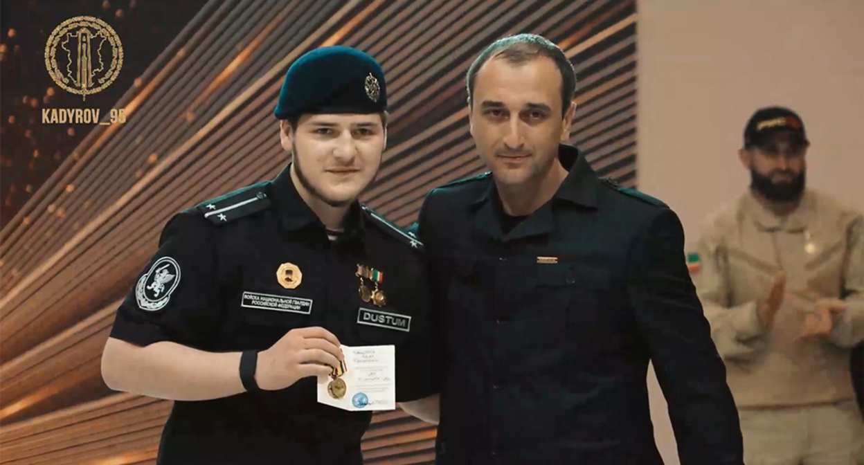 The awarding of Adam Kadyrov with the medal of the Ministry of Defense of Abkhazia. A frame from the video in Ramzan Kadyrov's Telegram channel - https://t.me/RKadyrov_95/6855