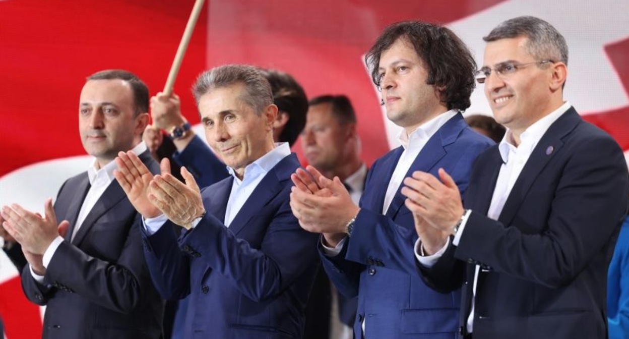 Leaders of "Georgian Dream": Garibashvili, Ivanishvili, Kobakhidze, and Mdinaradze. Photo: Netgazeti / https://netgazeti.ge/news/753109/ Leaders of "Georgian Dream": Garibashvili, Ivanishvili, Kobakhidze, and Mdinaradze. Photo: Netgazeti / https://netgazeti.ge/news/753109/