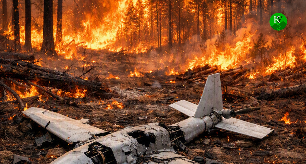 Debris from the UAV and a fire in the forest. 
Illustration created by "Caucasian Knot" using AI in the Copilot program.