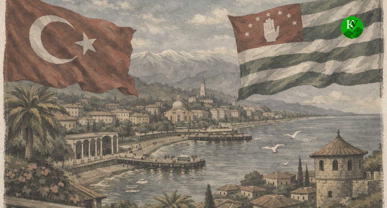 Flags of Turkey and Abkhazia. Illustration created by "Caucasian Knot" using AI in the Copilot program. Flags of Turkey and Abkhazia. Illustration created by "Caucasian Knot" using AI in the Copilot program.