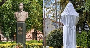 The damaged bust of Heydar Aliyev in Tbilisi. Screenshot of a publication on the abc.az page on social media