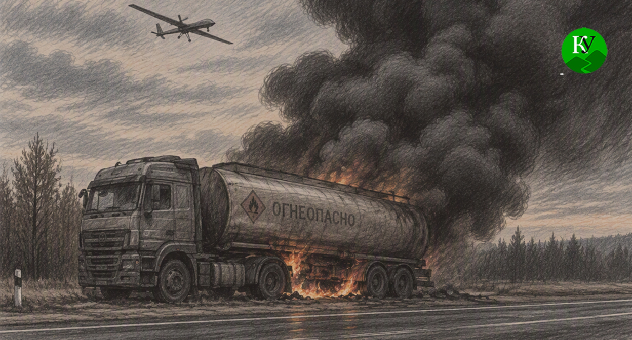 A burning fuel truck and UAV. Illustration created by "Caucasian Knot" using AI in the Copilot program. A burning fuel truck and UAV. Illustration created by "Caucasian Knot" using AI in the Copilot program.
