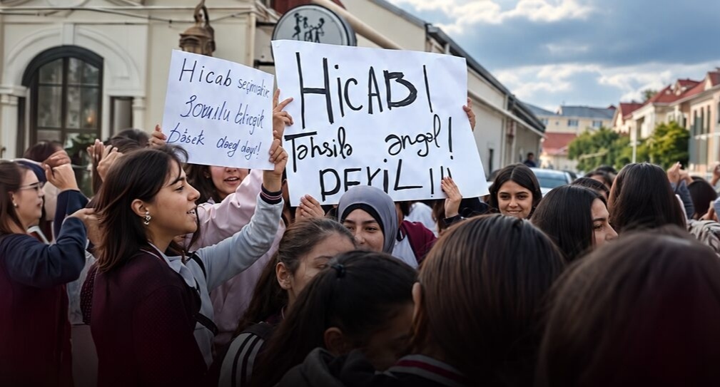 A protest against the ban on wearing hijabs. A frame from a video recorded near school No. 69 in the village of Balakhany. Source: Meydan TV https://www.meydan.tv/az/article/hicab-qadagasi-fonunda-t%c9%99hsil-i%cc%87dar%c9%99si-m%c9%99kt%c9%99bl%c9%99rd%c9%99-yoxlamalara-baslayir/ A protest against the ban on wearing hijabs. A frame from a video recorded near school No. 69 in the village of Balakhany. Source: Meydan TV https://www.meydan.tv/az/article/hicab-qadagasi-fonunda-t%c9%99hsil-i%cc%87dar%c9%99si-m%c9%99kt%c9%99bl%c9%99rd%c9%99-yoxlamalara-baslayir/
