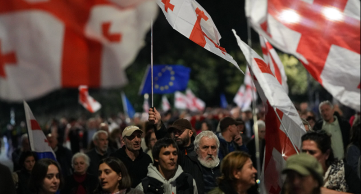 Participants of the procession in Tbilisi. Screenshot from Publika 10.10.26,https://www.facebook.com/photo?fbid=1896319685100906&set=pb.100041686795244.-2207520000 (Meta's activities, which owns the social network, are banned in Russia)