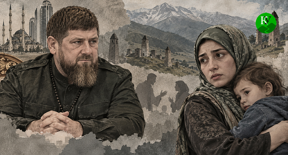 Ramzan Kadyrov and a woman with a child. Illustration created by "Caucasian Knot" using AI in the Copilot program. Ramzan Kadyrov and a woman with a child. Illustration created by "Caucasian Knot" using AI in the Copilot program.