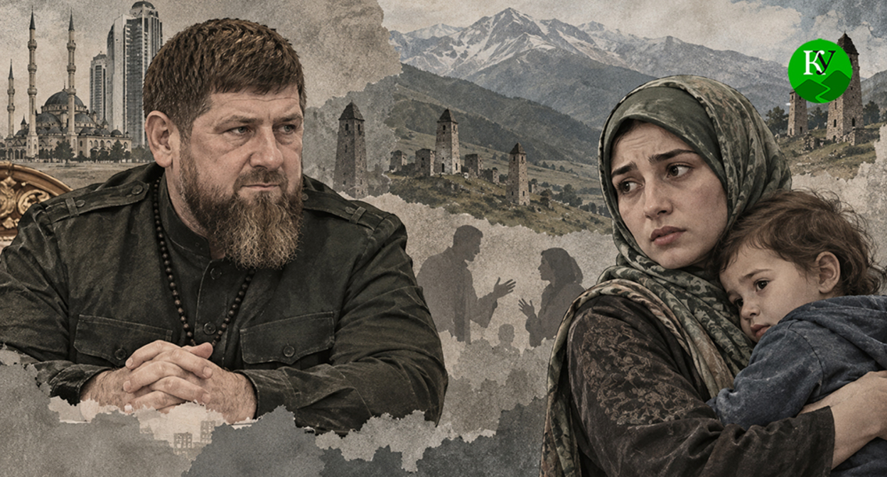 Ramzan Kadyrov and a woman with a child. Illustration created by "Caucasian Knot" using AI in the Copilot program.