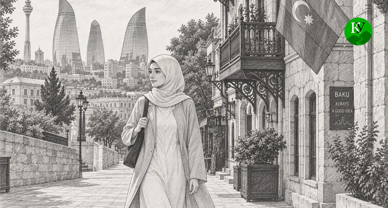 A girl in a hijab in Baku. Illustration created by "Caucasian Knot" using AI in the Copilot program.