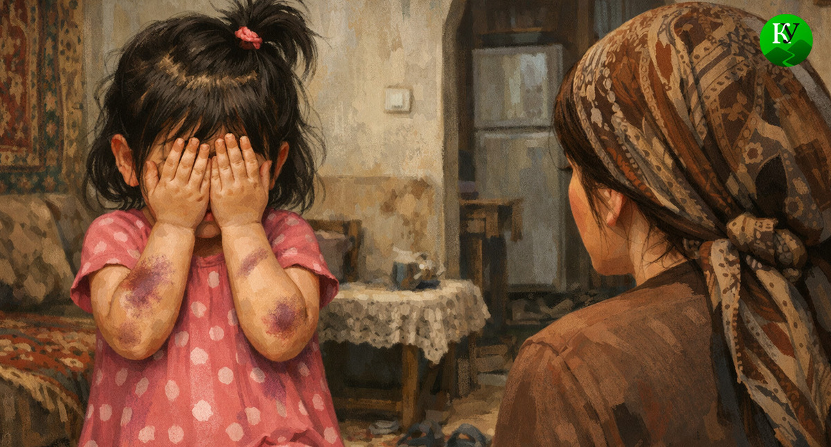 A girl with bruises on her arms. Illustration created by "Caucasian Knot" using AI in the Copilot program.