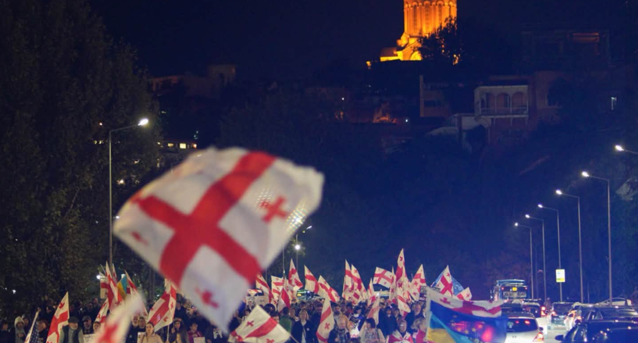 Participants of the march in Tbilisi. Screenshot from Mo Se's photo dated 31.10.26, https://www.facebook.com/photo/?fbid=4486621991652538&set=pcb.4486623771652360 (the activities of the Meta company, which owns the social network, are banned in Russia)